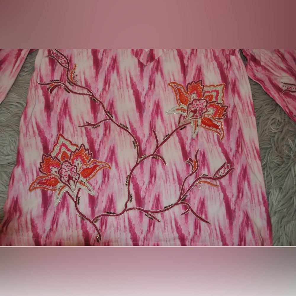 SOFT SURROUNDINGS Altea Pink Tie Dye 3/4 Sleeve Embroidered Beaded Tunic XS - Picture 5 of 8